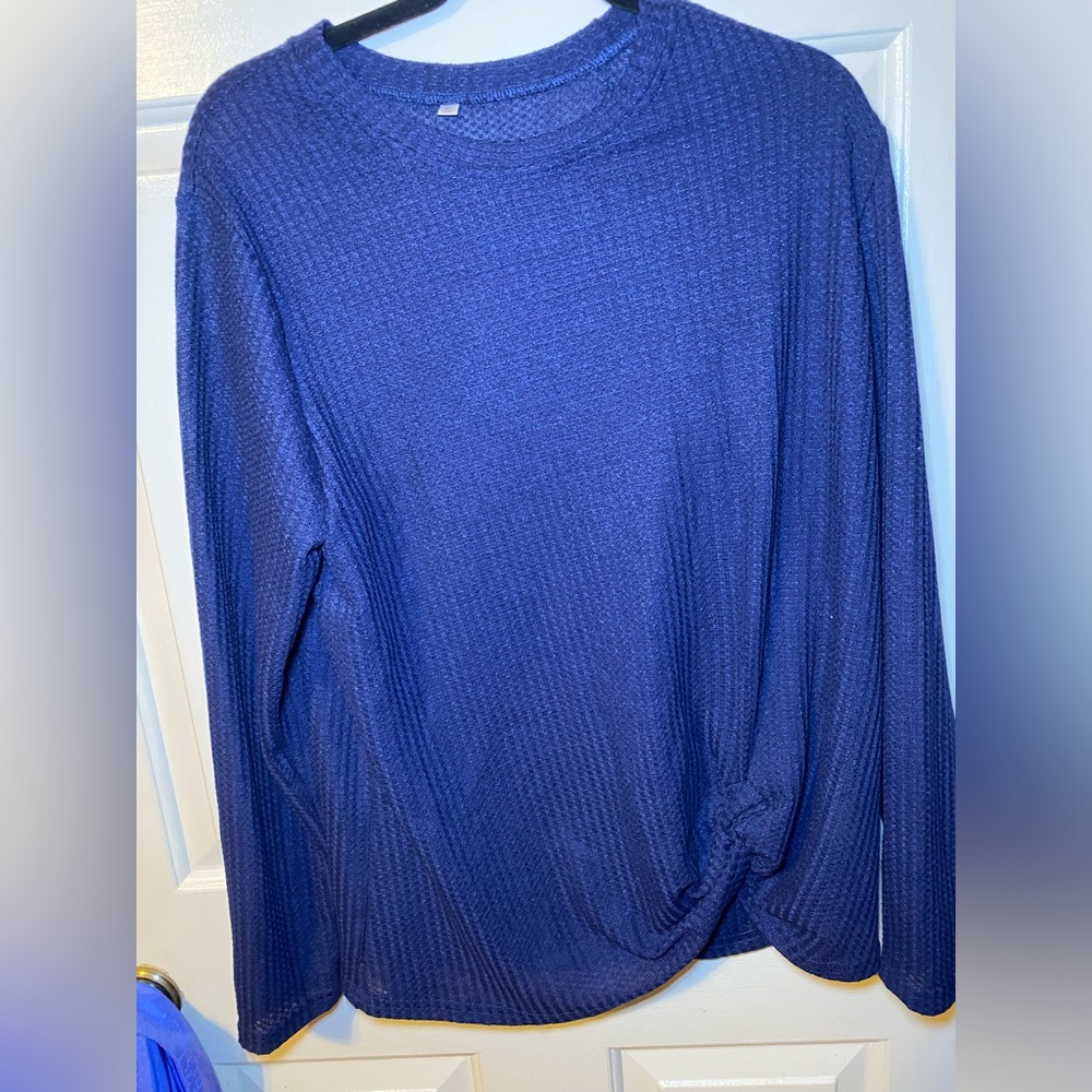 Navy Blue Waffle Tie Front Long Sleeve, XL